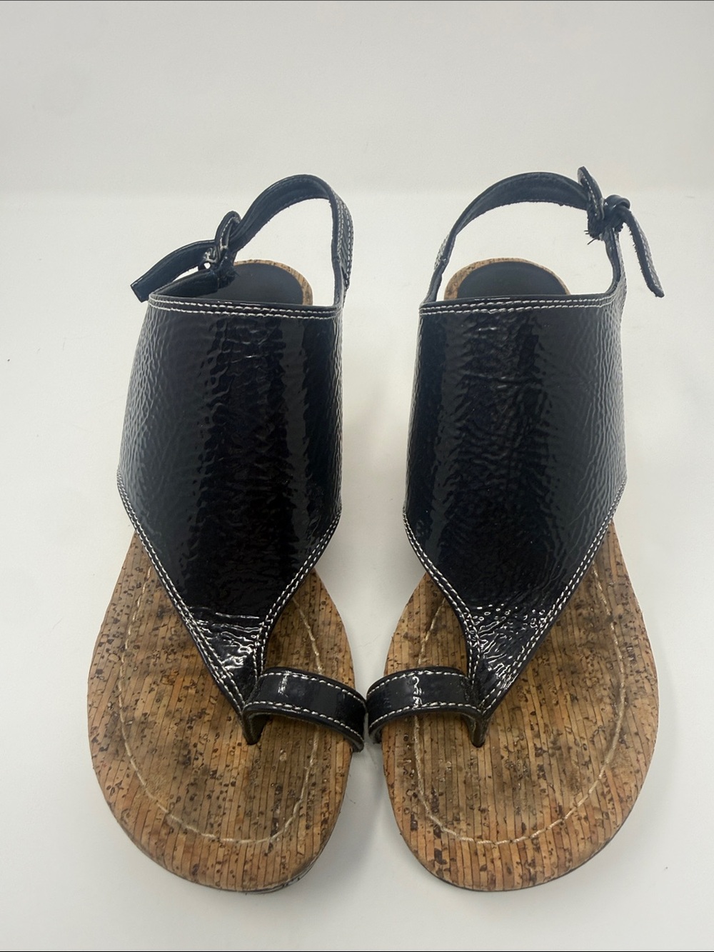 Donald J. Pliner Black Patent Cork-Base Thong Sandals